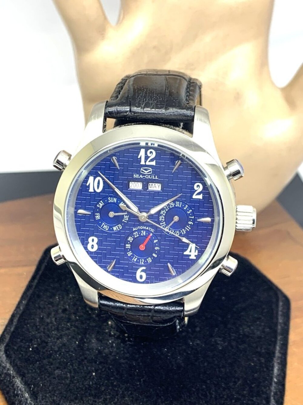 Seagull Men's Watch Automatic Blue Dial Triple Calendar Black Leather Strap 41mm
